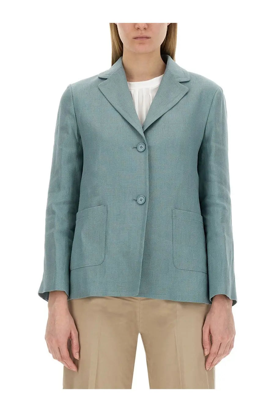 S Max Mara women’s Socrates jacket blue is a light blue linen double-breasted blazer with matching buttons