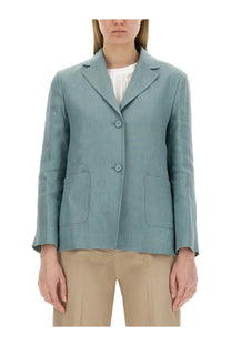 S Max Mara women’s Socrates jacket blue is a light blue linen double-breasted blazer with matching buttons