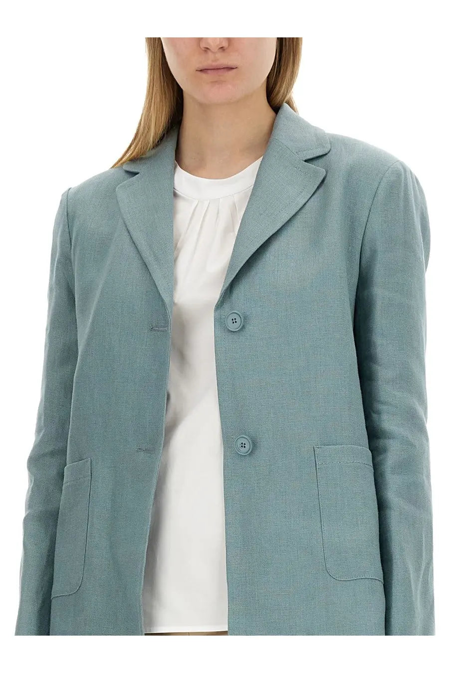 A light blue linen blazer with subtle texture notched lapels and matching buttons from S Max Mara Socrates jacket