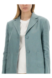 A light blue linen blazer with subtle texture notched lapels and matching buttons from S Max Mara Socrates jacket