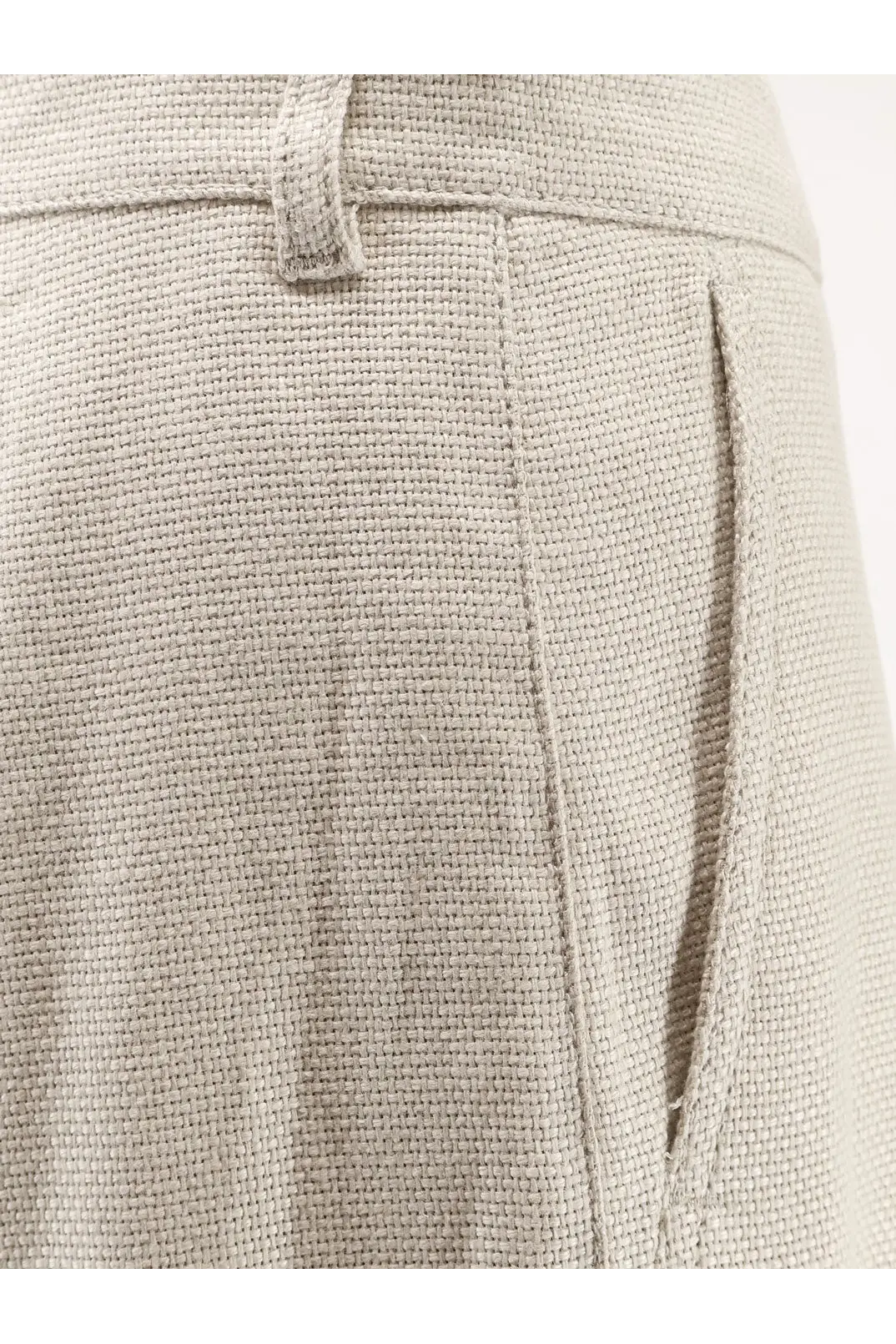 Beige textured woven s max mara womens stretch cotton and linen trousers with subtle herringbone pattern and belt loop