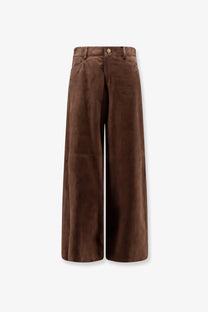 S Max Mara women’s brown suede trousers with wide legs high waist and front button closure