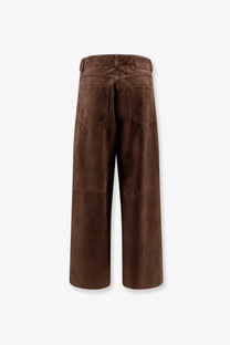 Brown suede wide-leg trousers with a relaxed fit and classic back pockets shown from the back by s max mara