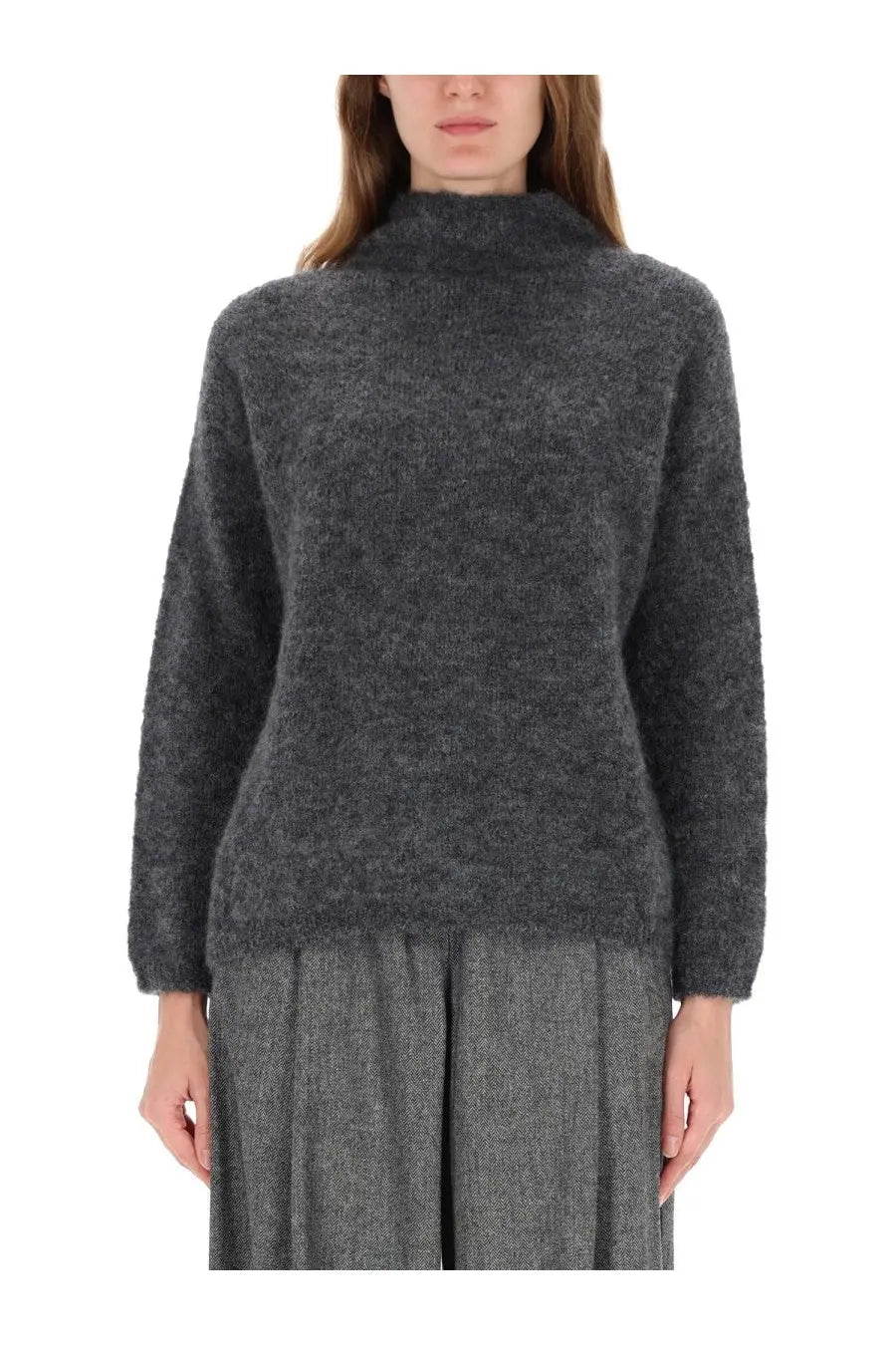 S Max Mara women’s taro shirt grey soft dark gray textured knit sweater with high turtleneck and long sleeves