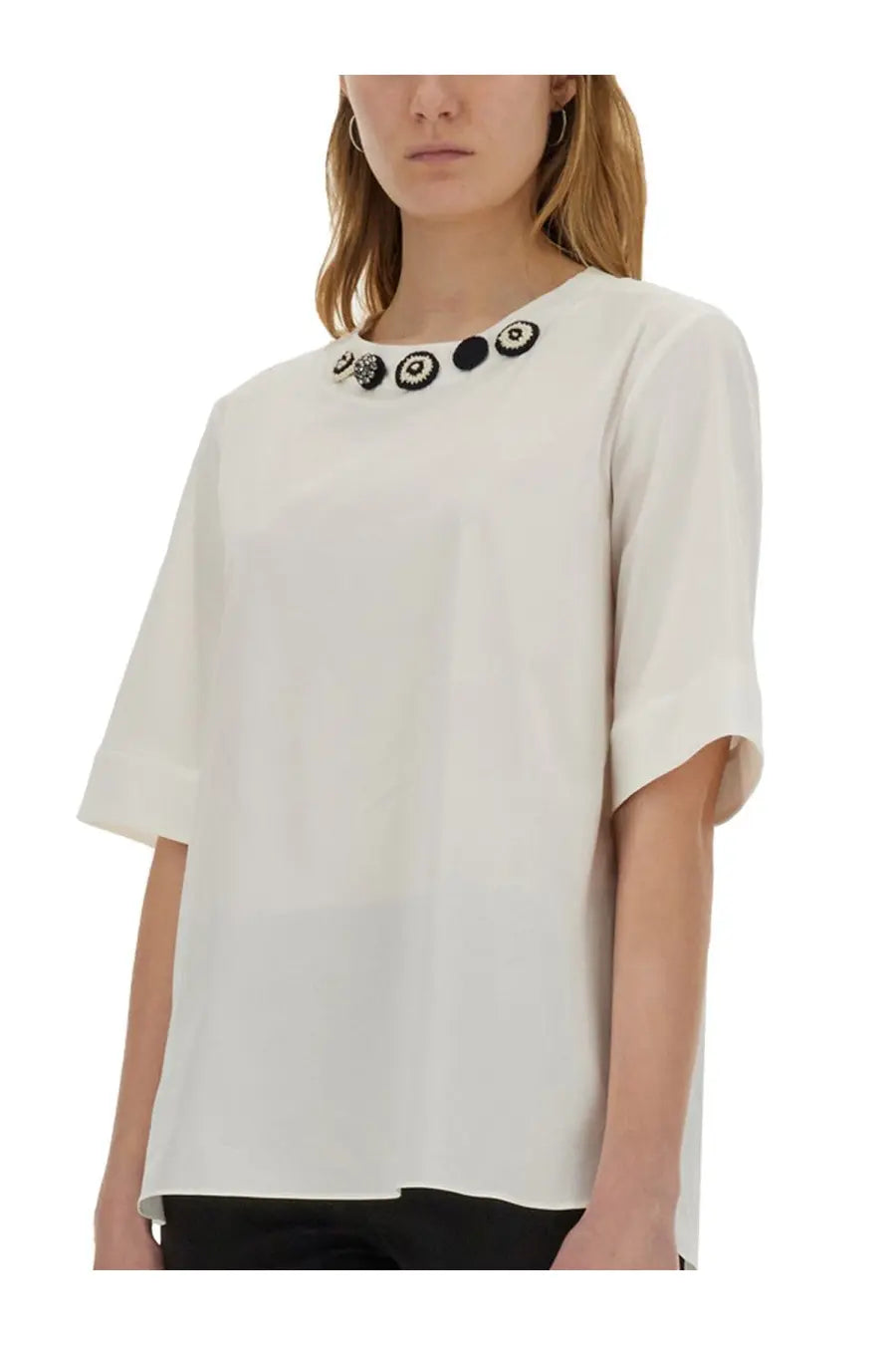 Off-white s max mara women’s blouse with short sleeves and decorative collar with black circular embellishments