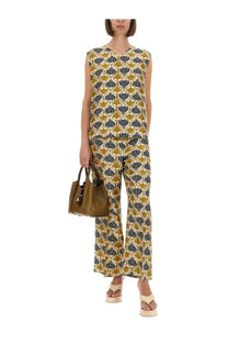 S Max Mara women’s sleeveless top in mustard yellow and navy blue with a repeating shell-like pattern