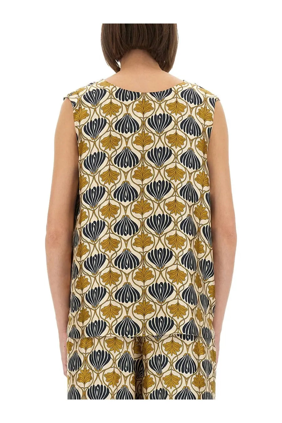 S max mara women’s sleeveless top in cream with navy blue and mustard yellow stylized leaf pattern