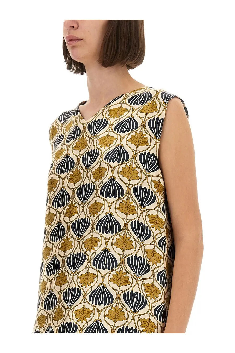 S Max Mara women’s sleeveless top in cream fabric with mustard yellow and navy blue leaf and teardrop pattern
