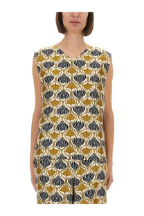 S Max Mara women’s sleeveless v-neck cream dress with black and mustard-yellow leaf motifs in Top Time Yellow design