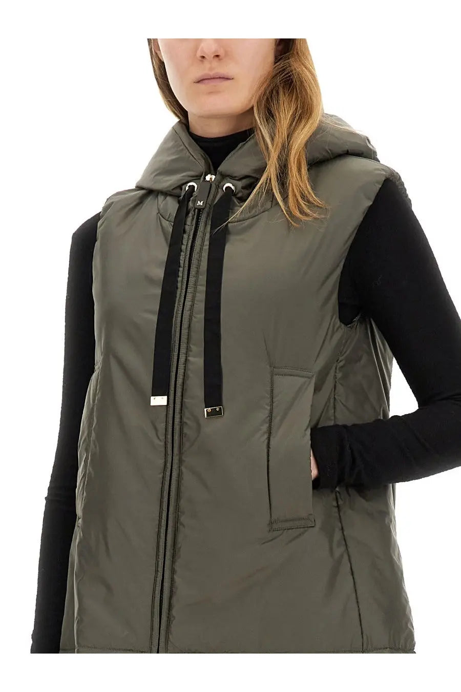 Olive green quilted hooded waterproof vest with black zipper and drawstring accents by s max mara