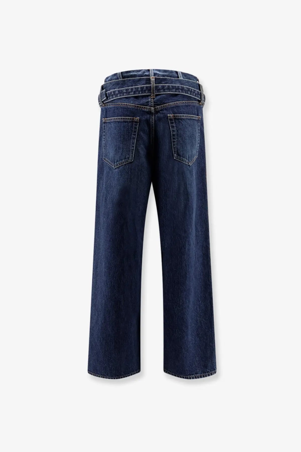 Sacai men’s blue denim jeans with a wide-leg cut and classic back pockets shown from the back side