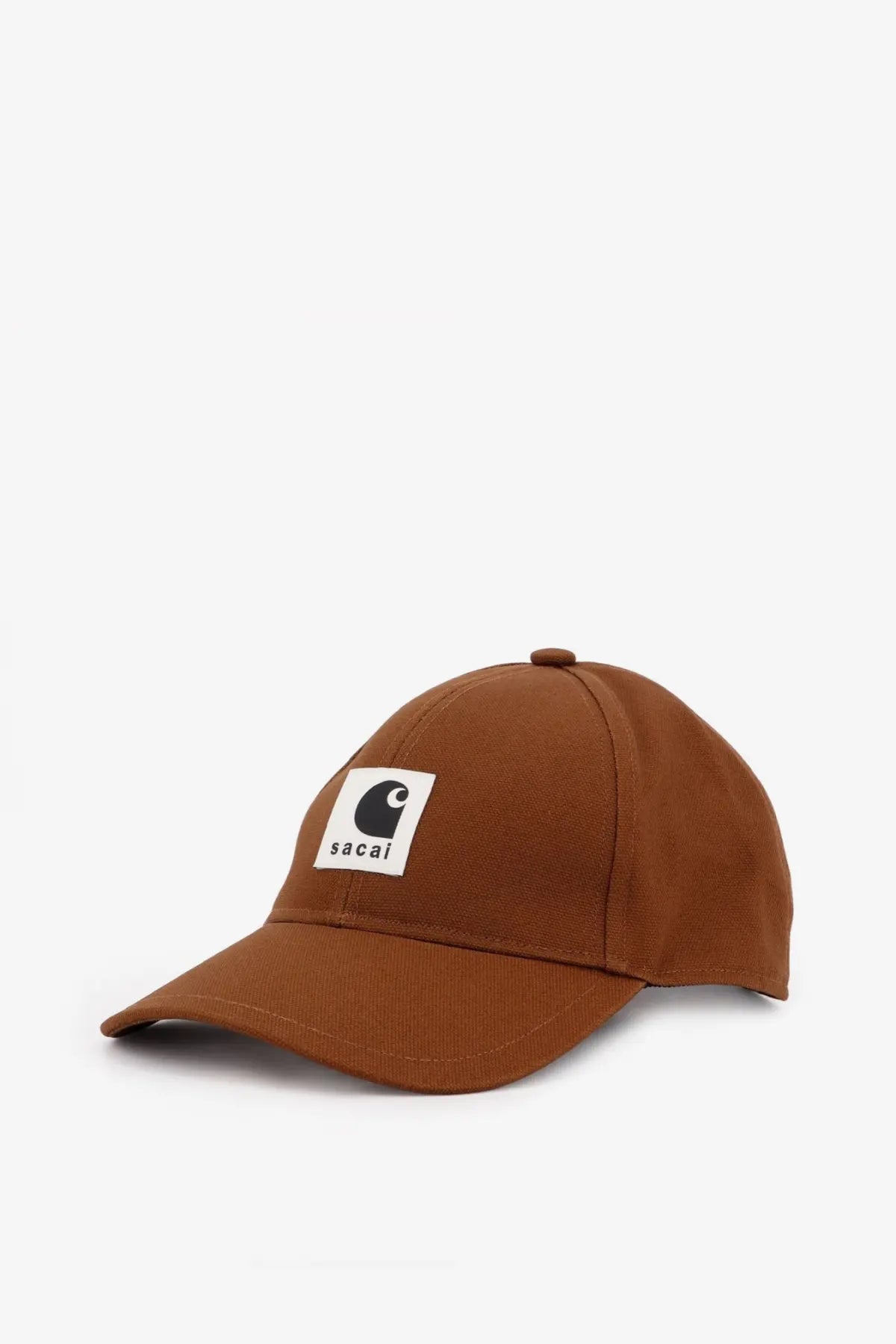 Beige sacai men’s carhartt wip duck cotton baseball hat with brown saco cap and white patch featuring black logo