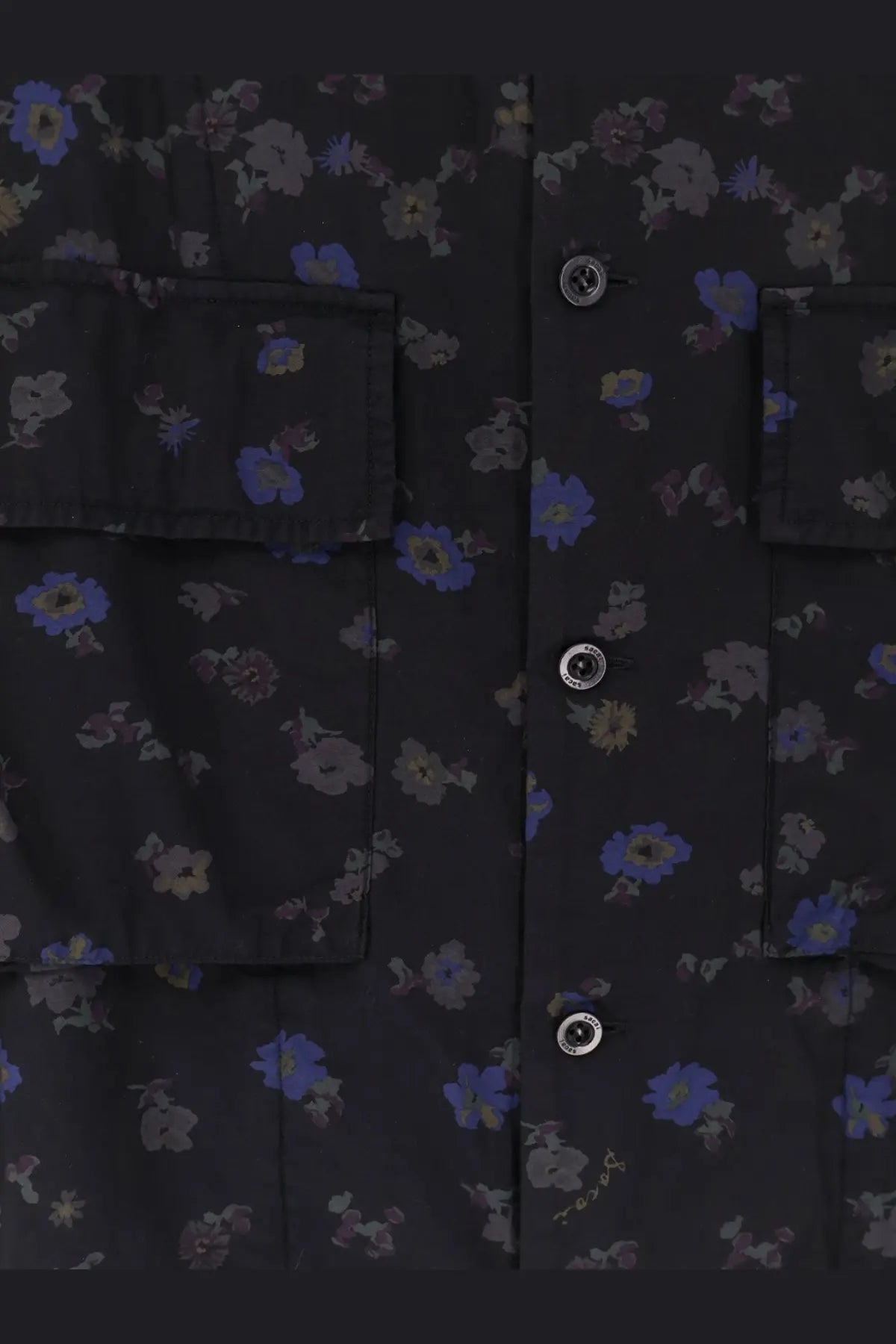 Sacai men’s black cotton blend button-up shirt with purple and gray floral pattern and silver-toned buttons