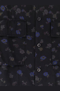 Sacai men’s black cotton blend button-up shirt with purple and gray floral pattern and silver-toned buttons
