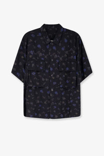 Sacai men’s black cotton blend short-sleeved shirt with subtle purple and gray floral pattern and two chest pockets