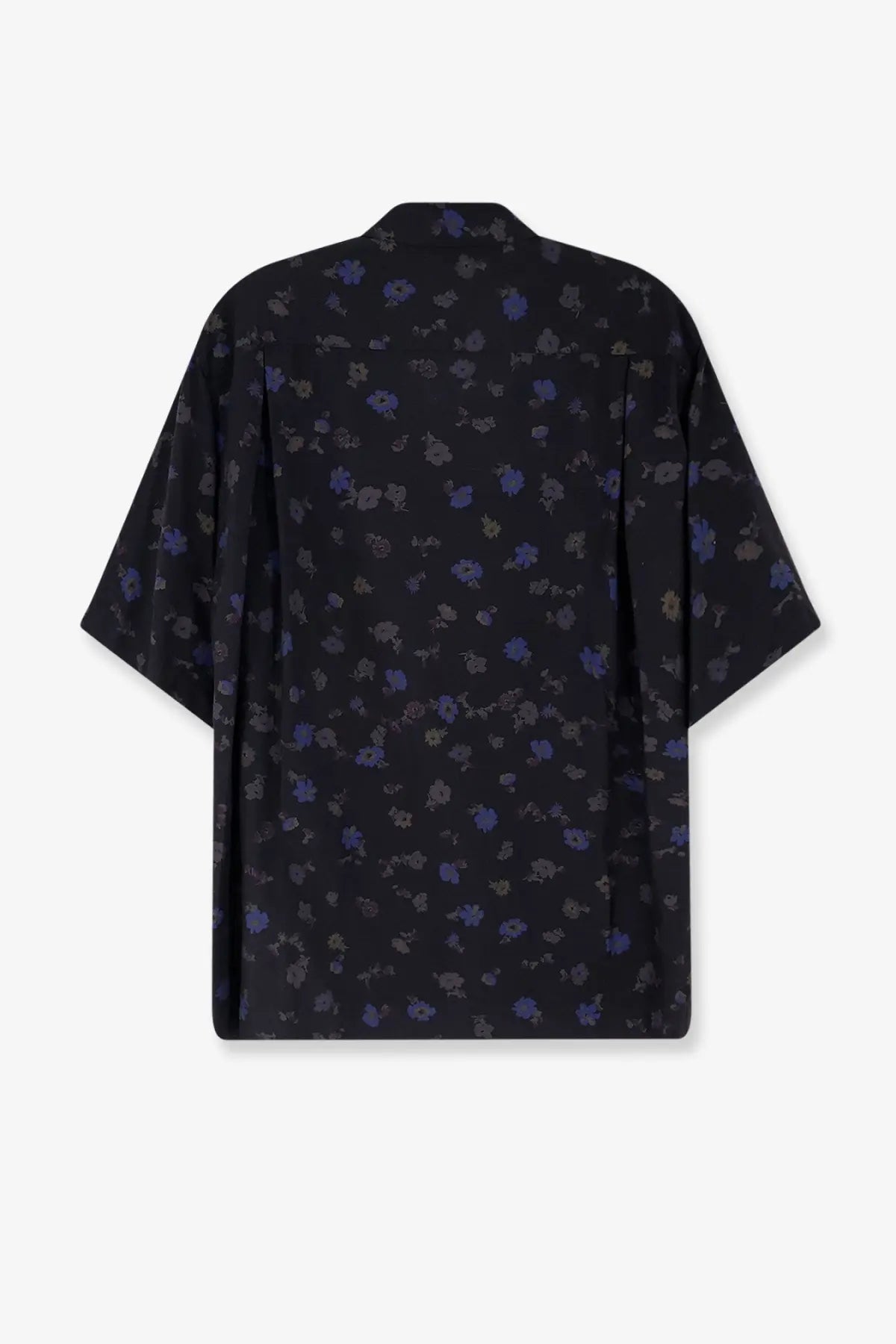 Sacai men’s black cotton blend short-sleeved shirt with subtle purple and gray floral pattern