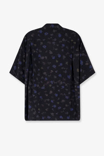 Sacai men’s black cotton blend short-sleeved shirt with subtle purple and gray floral pattern