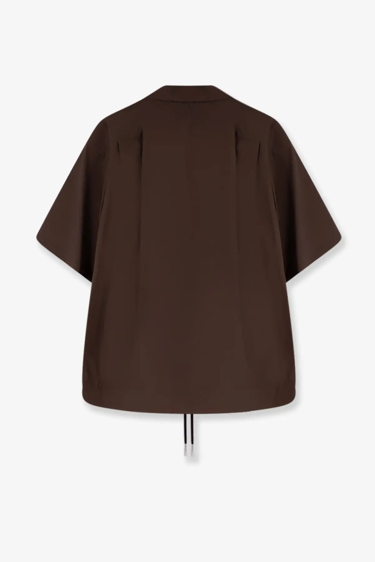 Sacai men’s cotton shirt beige shown from the back with a dark brown oversized short sleeve blouse and pleated detail