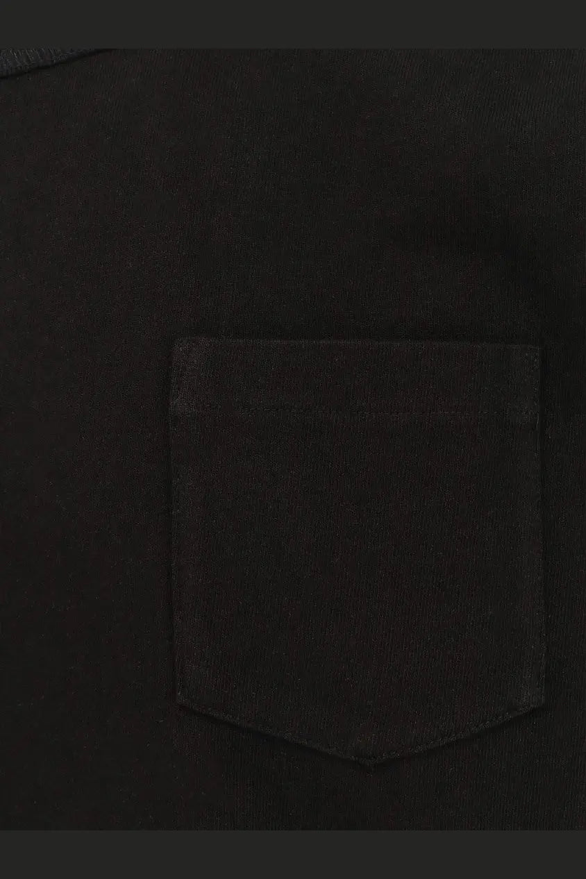 Black denim pocket with subtle texture and stitched edges on sacai men’s cotton shirt back side