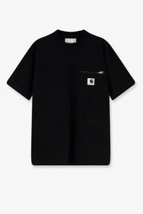 Black Carhartt cotton t-shirt with zippered chest pocket and white logo patch in Sacai men’s shirt style