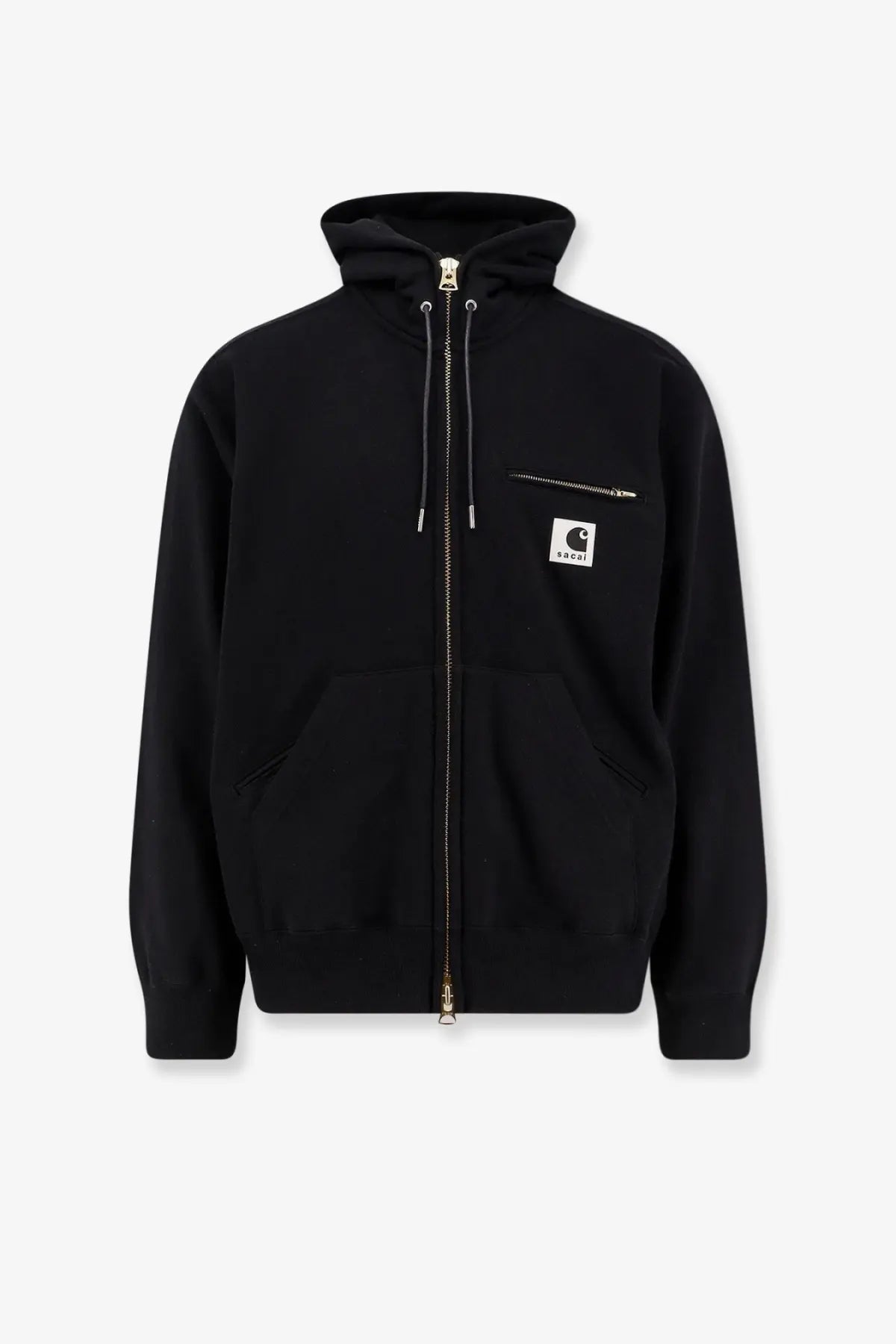 Black carhartt hooded zip-up jacket with white logo patch and silver zippers featured in sacai mens cotton sweatshirt black product