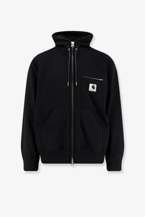 Black carhartt hooded zip-up jacket with white logo patch and silver zippers featured in sacai mens cotton sweatshirt black product
