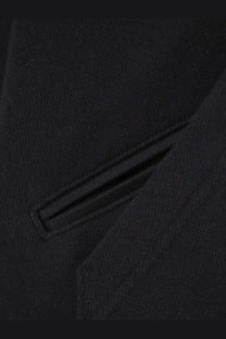 Sacai men’s black cotton sweatshirt with black woolen coat featuring subtle textured weave and stitched flap pocket