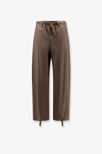 Sacai men’s cotton beige trousers with brown wide-leg fit drawstring waist and elasticated cuffs