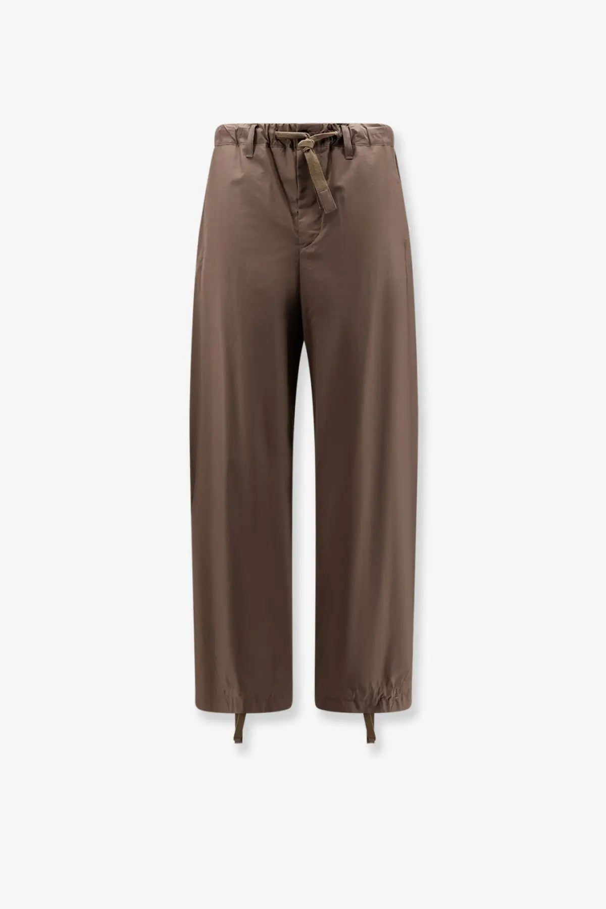 Sacai men’s beige cotton trousers with wide-leg fit drawstring waist and elasticated cuffs for casual wear