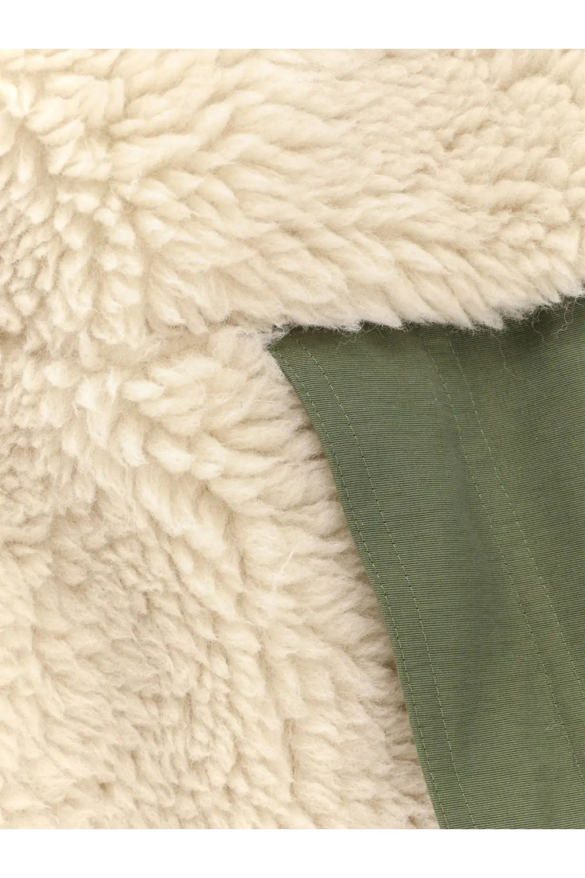 Sacai men’s eco shearling and nylon jacket in cream with olive green panel and sherpa lining