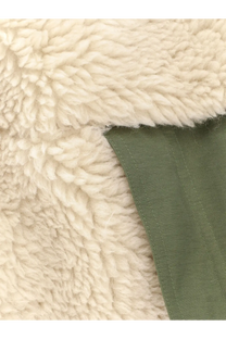 Sacai men’s eco shearling and nylon jacket in cream with olive green panel and sherpa lining