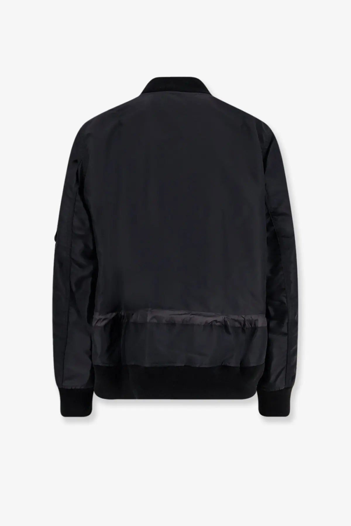 Sacai men’s black nylon bomber jacket with sleek matte finish and subtle ribbed cuffs in front view