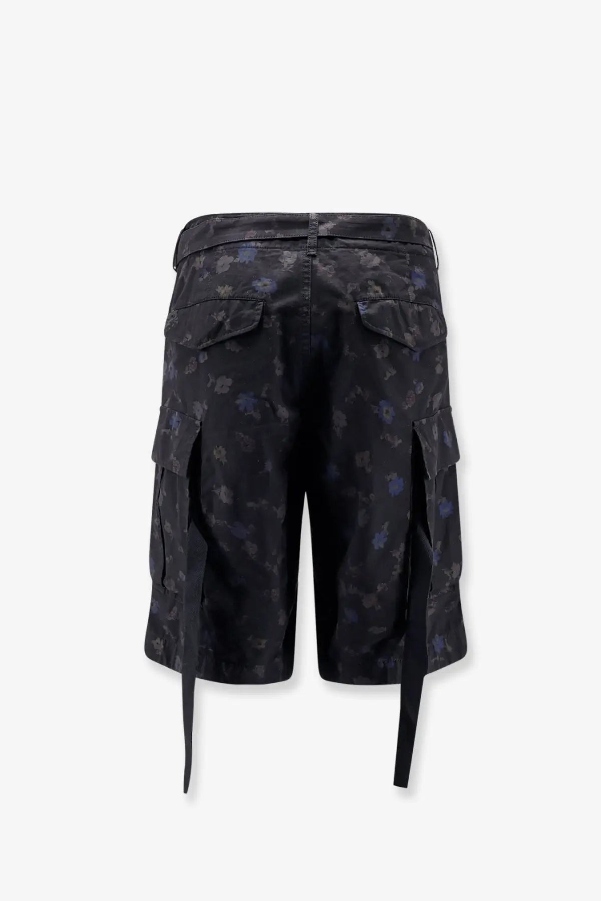 Sacai men’s printed cotton cargo shorts in black with a dark blue floral pattern and adjustable side ties
