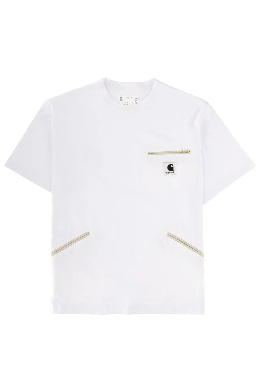 White Carhartt Wip t-shirt with gold zipper accents and chest pocket branded patch in Sacai unisex shirt design