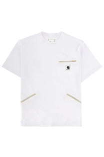 White carhartt wip t-shirt with gold zipper accents and branded chest patch in sacai unisex sacai carhartt wip shirt white