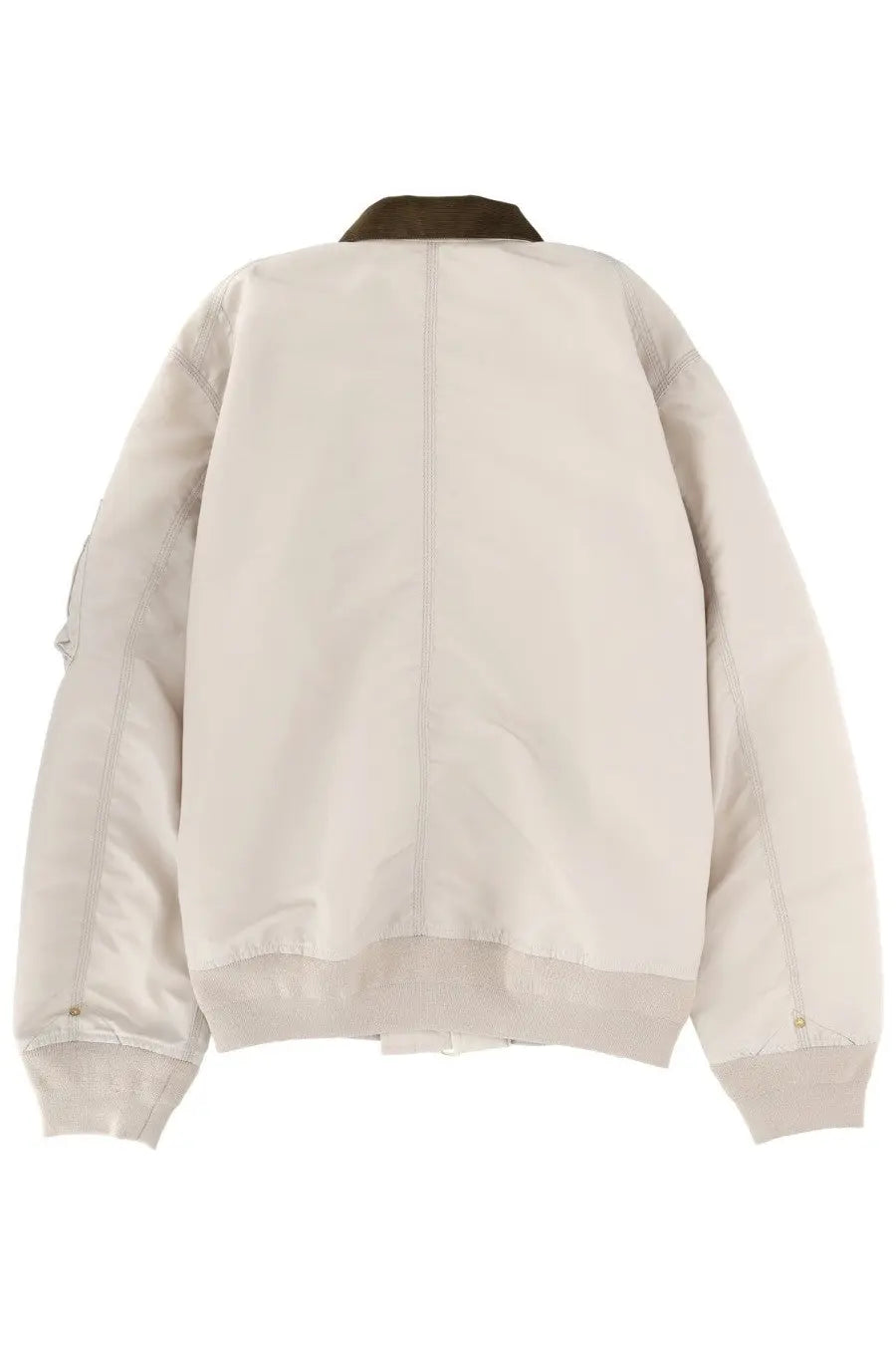 Beige sacai unisex duck jacket with dark brown collar and ribbed cuffs in white sacai carhartt wip style
