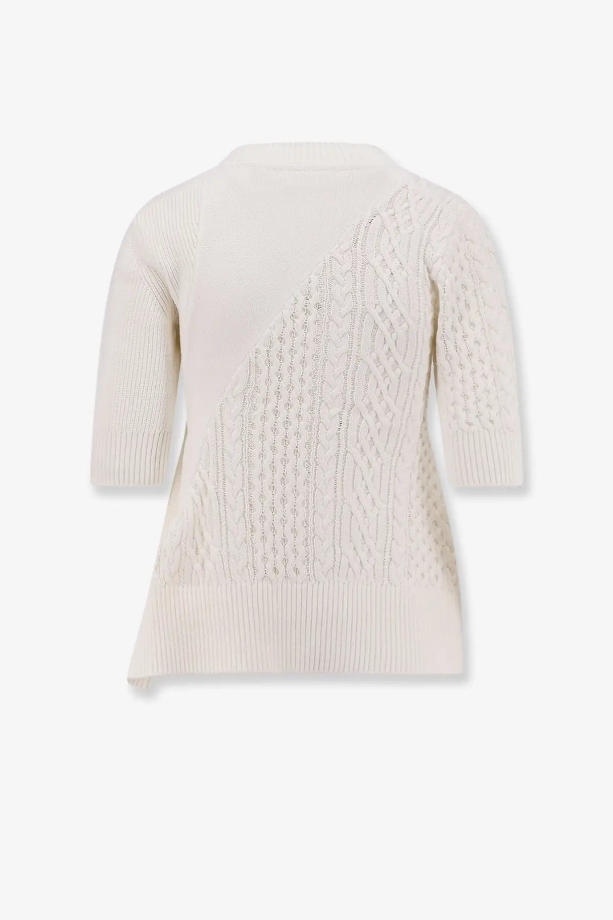Sacai women’s asymmetrical white cotton blend sweater with cream diagonal cable knit pattern and ribbed sleeves