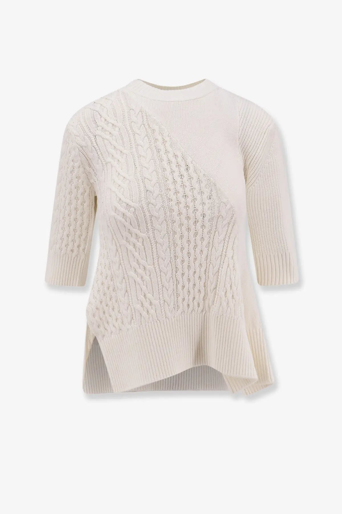 Sacai women’s white asymmetrical cotton blend sweater with cream knit and diagonal cable knit pattern three quarter sleeves