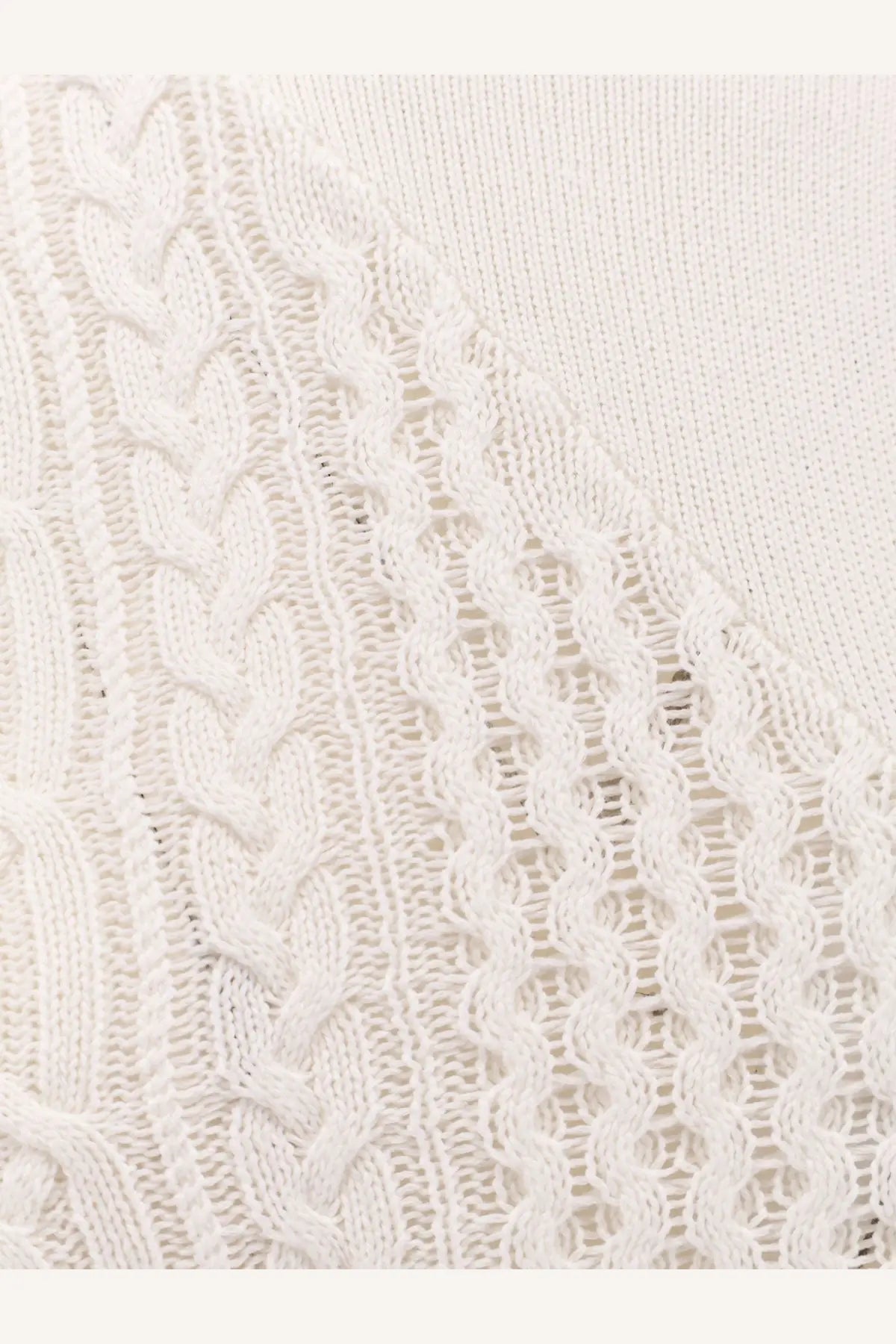Sacai women’s asymmetrical off-white cotton blend sweater with intricate cable and lace knit patterns