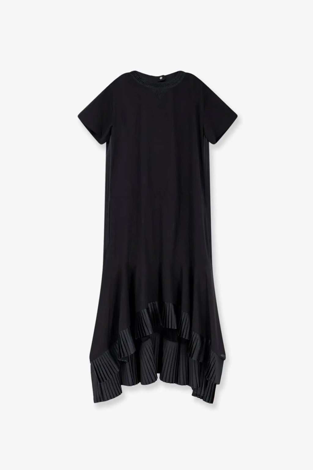 Sacai women’s black cotton short-sleeved dress with pleated asymmetrical hem front view
