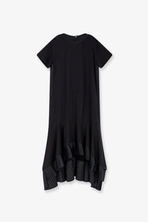 Sacai women’s black cotton short-sleeved dress with pleated asymmetrical hem front view