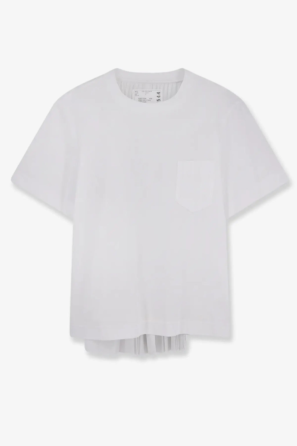 Sacai women’s white cotton and polyester short-sleeved t-shirt with subtle pleated hem and single chest pocket