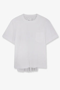 Sacai women’s white cotton and polyester short-sleeved t-shirt with subtle pleated hem and single chest pocket