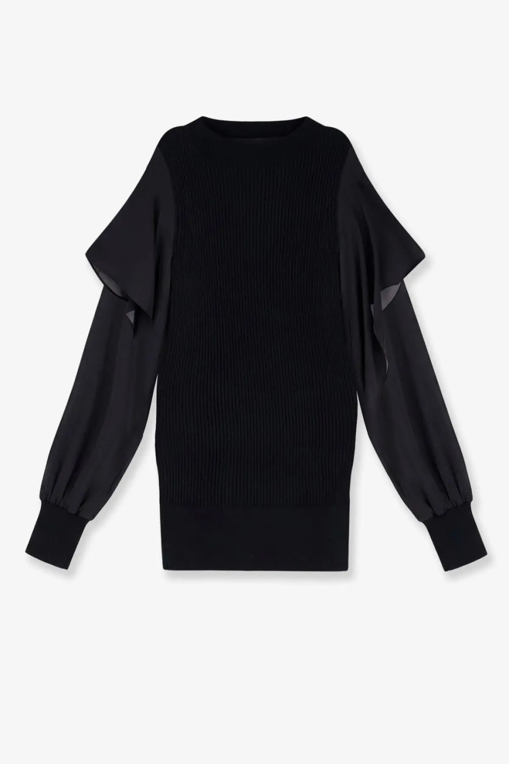 Sacai women’s black cotton ribbed knit sweater with sheer ruffled sleeves for stylish layering