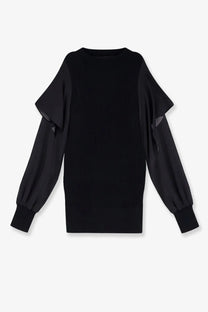 Sacai women’s black cotton ribbed knit sweater with sheer ruffled sleeves for stylish layering