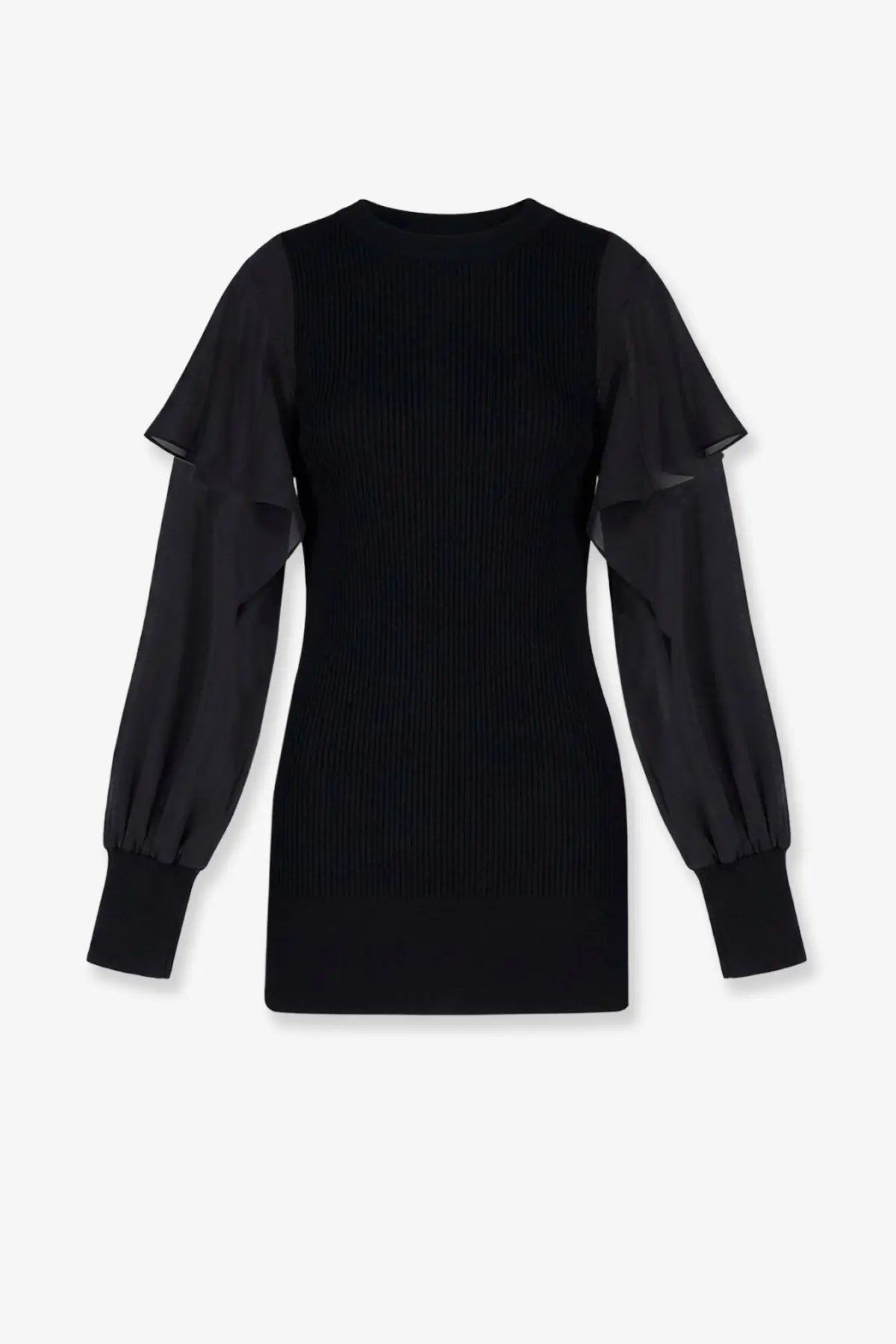 Sacai women’s black cotton sweater featuring a ribbed knit top with sheer ruffled sleeves