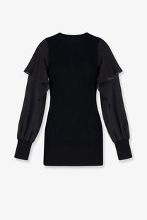 Sacai women’s black cotton sweater featuring a ribbed knit top with sheer ruffled sleeves