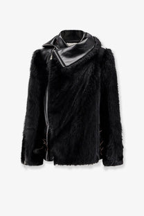 Sacai women’s leather jacket black with black faux fur moto style, leather collar, and zipper details