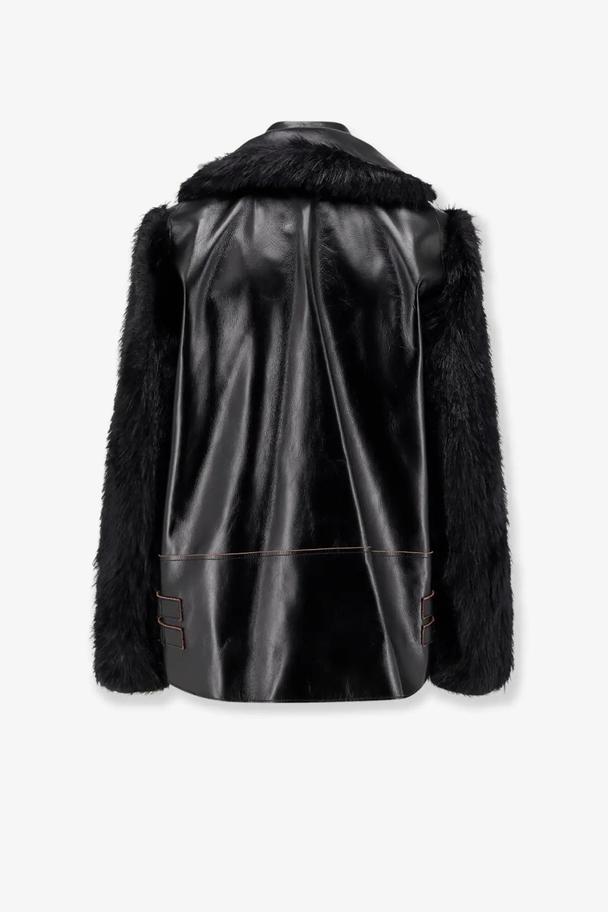 Sacai women’s black leather jacket with plush fur trim on collar and sleeves for stylish outerwear look