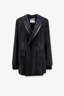 Sacai women’s black double-breasted blazer with white stitching in silk and organza with a sleek modern design